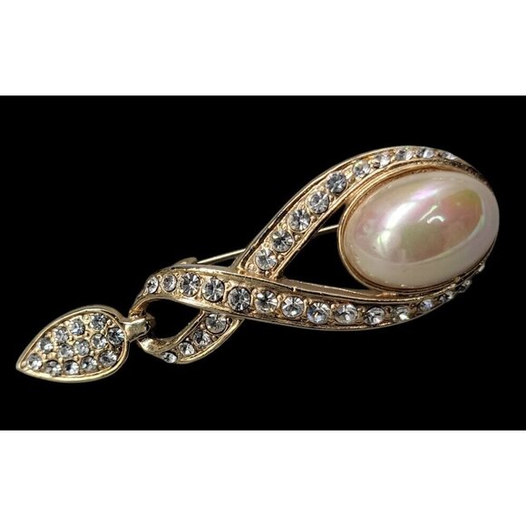 Designer High End Brooch Irridescent Glossy Faux Mabe Pearl Rhinestones Vintage - Picture 2 of 9